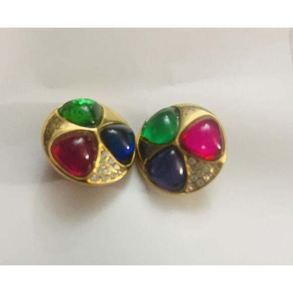 VGT Gripoix Glass Sapphire Emerald Ruby Cabochon Stone Gold Tone Hoop Earrings - Picture 1 of 5